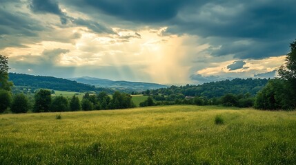 Fototapeta premium Scenic Sunlit Landscape with Rolling Hills and Glowing Sky : Generative AI