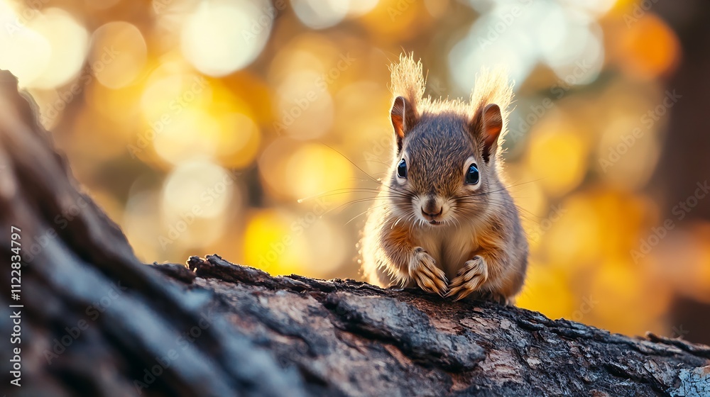 Poster Cute Squirrel Sitting on Tree Branch Against Bokeh Background in Autumn Forest : Generative AI