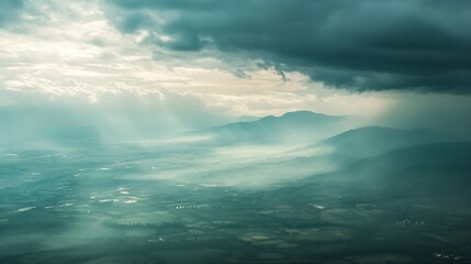 Dramatic Cloudscape Over Scenic Mountainous Landscape with Sunlight Rays : Generative AI