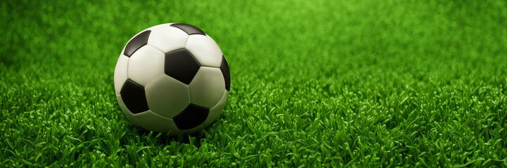 Fototapeta premium A soccer ball on a green background of a football field. The banner serves as an excellent background for a sports-themed menu.