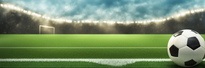 Obraz premium A soccer ball on a green background of a football field. The banner serves as an excellent background for a sports-themed menu.