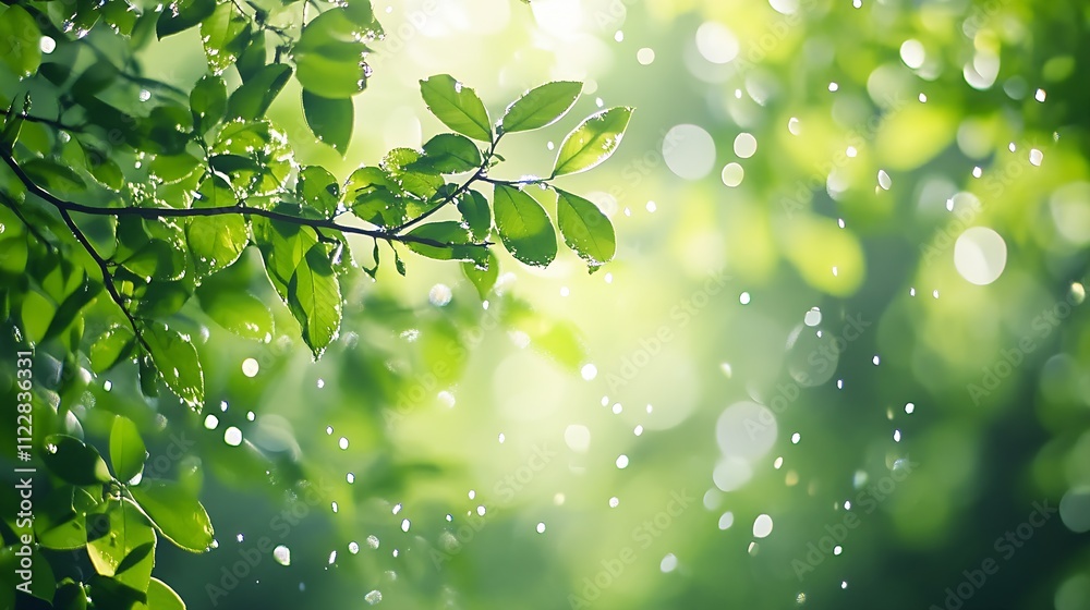 Aufkleber Fresh Green Branches with Raindrops on a Bright Bokeh Background in Nature : Generative AI
