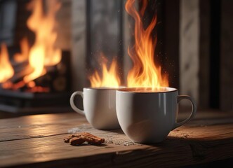 Fototapeta premium A crackling fire in the background as a warm drink is poured into a mug, warm beverage, crackling flames