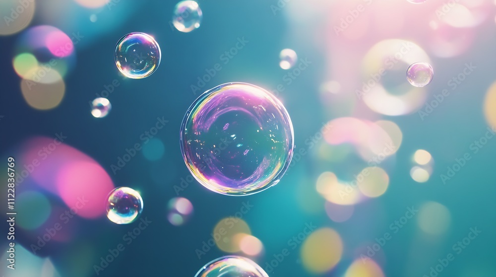 Poster Mystical Pastel Bubbles Floating Against a Soft Blue and Pink Illuminated Backdrop : Generative AI