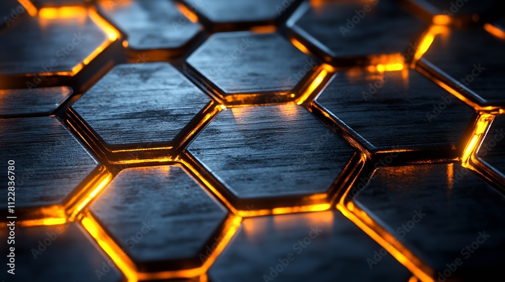 Poster modern hexagonal metal surfaces with orange illuminations on dark background : generative ai