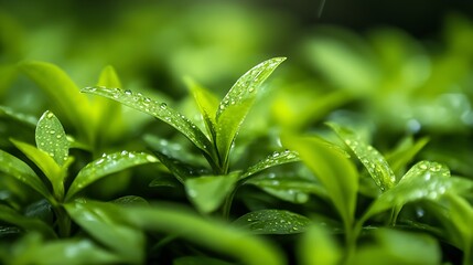 Fototapeta premium Fresh Green Leaves with Water Droplets on a Background of Vibrant Foliage : Generative AI
