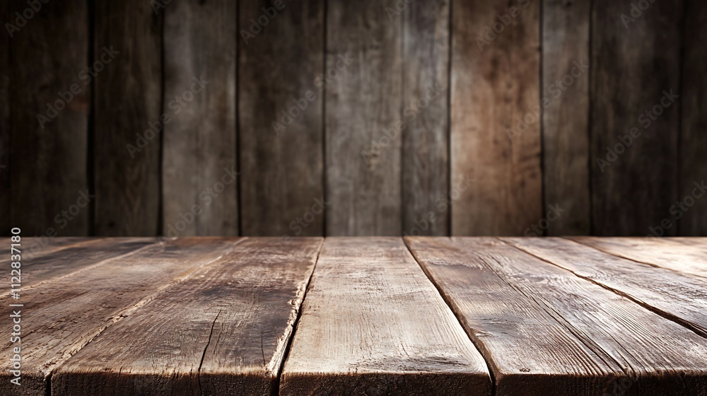 Aufkleber Rustic wooden table empty with vintage wood wall background for product display : Generative AI