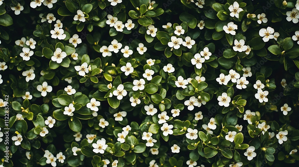Poster vivid green foliage with small white flowers creating a charming natural pattern : generative ai