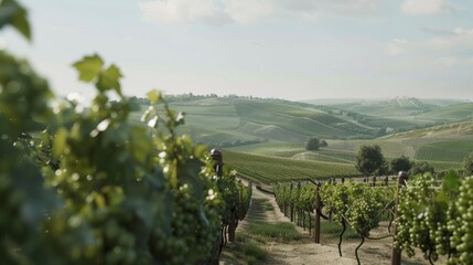 Fototapeta premium Lush vineyards stretch across rolling hills under a bright sky, illustrating a picturesque landscape where nature flourishes in endless rows.