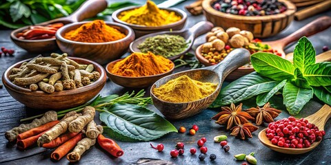 Fototapeta premium Close-Up of Ayurvedic Herbs and Ingredients with Copy Space, Emphasizing Natural Healing and Holistic Wellness in a Tranquil Setting for Health and Wellness Themes