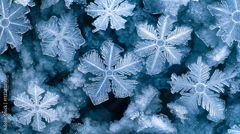 Aufkleber Closeup of multiple frozen snowflakes with complex icy patterns and blue tone background : Generative AI
