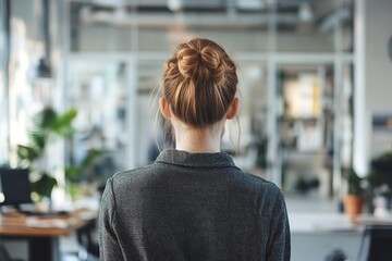Fototapeta premium Woman's rear view in an office with a blurred background. Generative Ai
