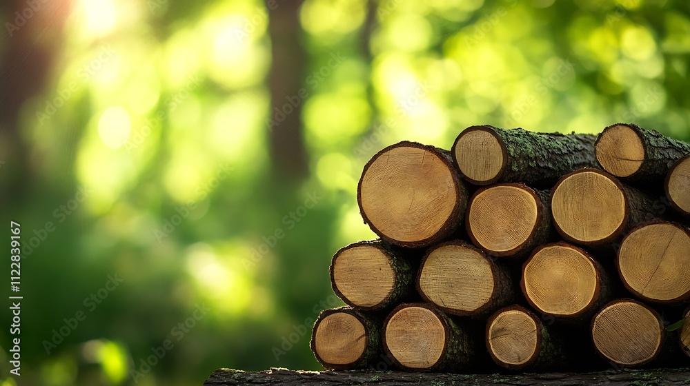 Poster pile of freshly cut logs stacked in a lush green forest dappled by sunlight : generative ai