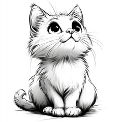 Fototapeta premium Adorable Kitten Looking Upwards, Black and White Line Art Illustration