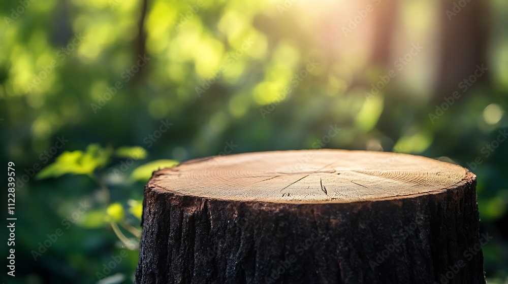 Poster sunlit tree stump surrounded by a lush green forest : generative ai