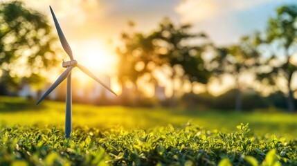 Close up of Wind turbine on Grass field, symbolizing sustainability energy