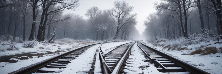Obraz premium Abandoned railway with snowy trees and a sense of isolation, railway, isolated