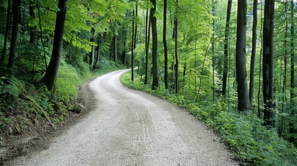 Fototapeta premium A winding forest road meanders through dense greenery, inviting exploration and an escape into nature's lush embrace.