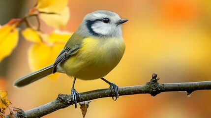 Fototapeta premium Blue Tit on Branch with Autumn Leaves in Soft Warm Hues : Generative AI