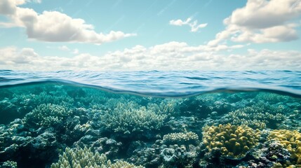 Fototapeta premium Peaceful Coral Reef With Light Clouds Overhead And Wide Ocean View In Serene Natural Seascape : Generative AI