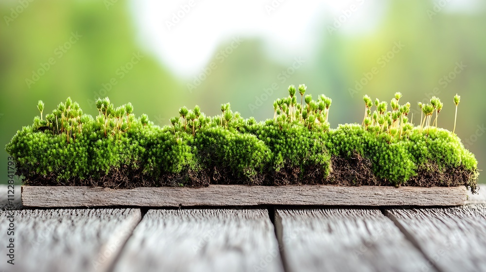 Poster lush mossy strip on rustic wood with forest background for natural decorative use : generative ai