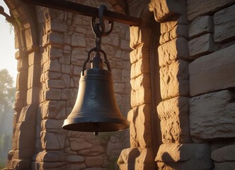 Obraz premium Cool morning light illuminates a weathered stone church bell, autumn atmosphere, serene ambiance