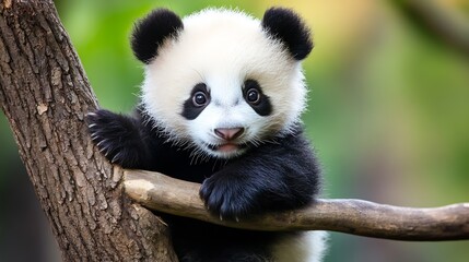 Obraz premium Cute Giant Panda Cub Sitting on Tree Branch in Vibrant Natural Setting : Generative AI