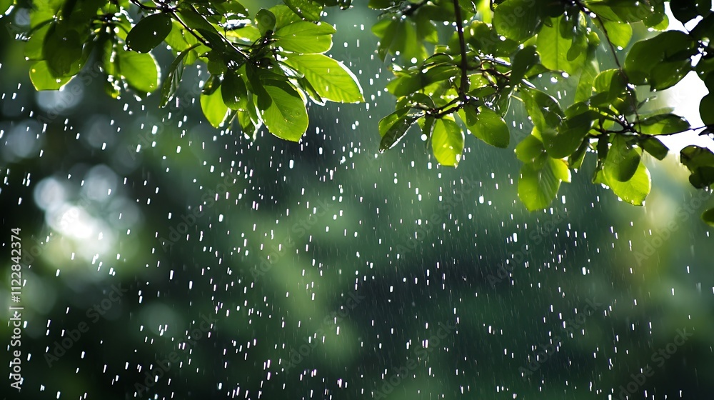 Poster summer rainfall over green leaves creating a refreshing and nourishing natural environment : generat