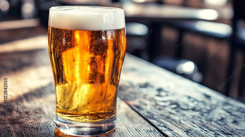 Poster Refreshing Pint of Craft Beer on Rustic Wooden Table in Tavern Setting : Generative AI