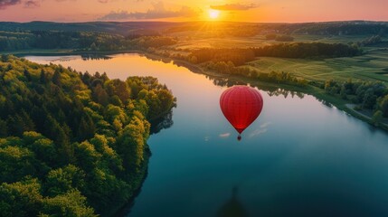 Fototapeta premium A Hot Air Balloon Soaring Over a Serene Lake Surrounded by Lush Green Forests at Sunset. Adventure Travel Concept.