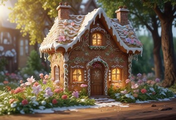 Fototapeta premium Delicate icing flowers and leaves adorn a charming gingerbread cottage, leaf details, rustic