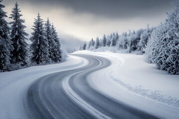 Obraz premium Serene SnowCovered Winding Road in Winter Forestscape Captured at Dusk : Generative AI