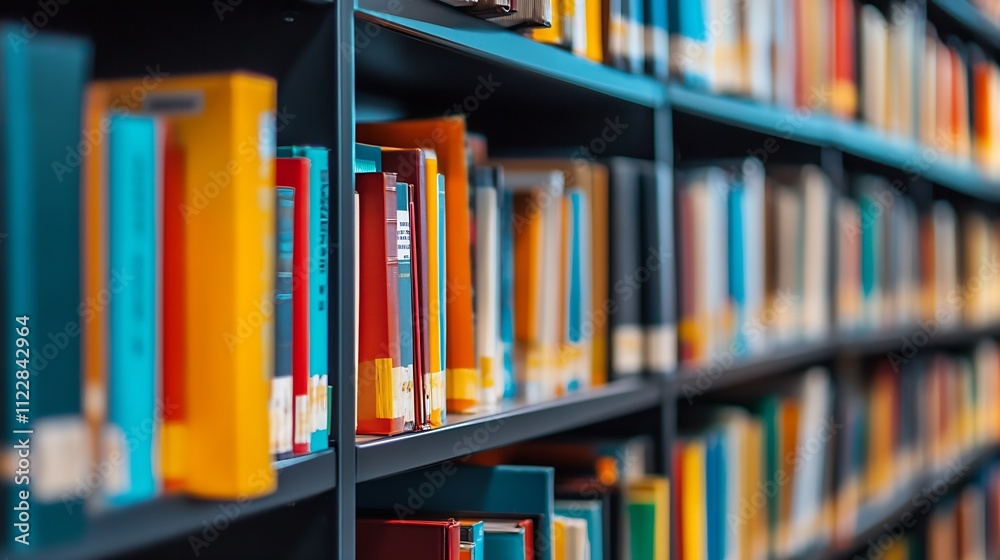 Poster colorful modern library with organized book shelves for easy accessibility : generative ai