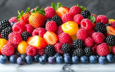 Obraz premium A vibrant mix of fresh raspberries, strawberries, blackberries, and blueberries piled high on a marble surface.