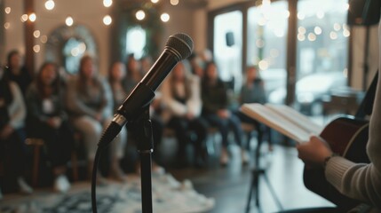A cozy poetry reading, microphone ready for an intimate gathering in a warmly lit room.