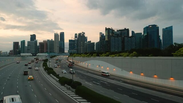 Sunset Scene of Downtown Singapore with Traffic Car City Timelapse. The Marina Coastal Expressway (MCE) is a key underground expressway in Singapore, spanning approximately 5 kilometres.