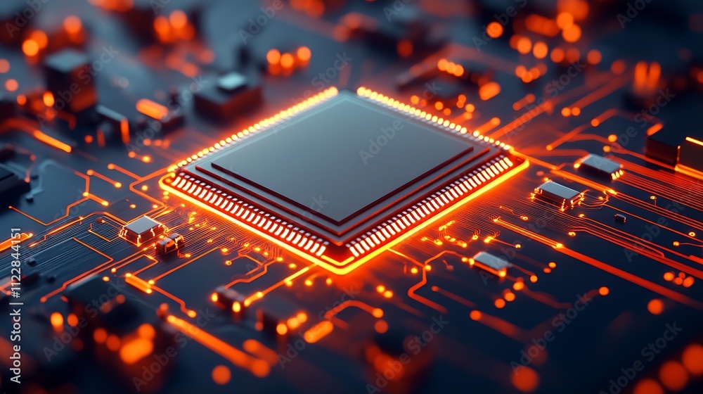 Poster Closeup of Circuit Board with Glowing Microprocessor Symbolizing Modern Technology Advancements : Generative AI