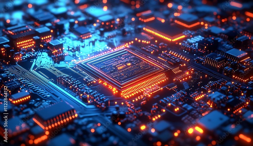 Poster high tech circuit board design with blue and orange lighting showcasing future of electronics : gene
