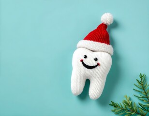 Smiling tooth plush toy, miniature Santa hat, festive dental care concept, teal background, pine branches, holiday dentistry, cute oral hygiene mascot, minimalist Christmas decoration, playful dental 