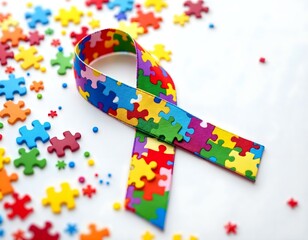 Colorful autism awareness ribbon, puzzle piece pattern, vibrant colors, scattered puzzle pieces, white background, close-up photography, symbolic imagery, neurodiversity symbol