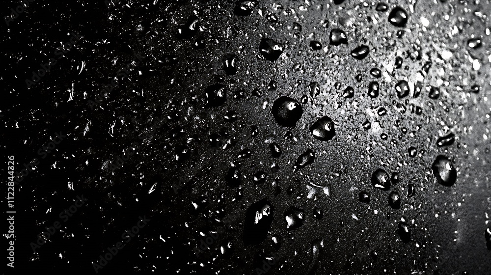 Poster closeup of shimmering water droplets on dark surface with high contrast lighting : generative ai
