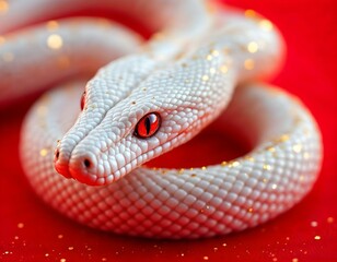 Fototapeta premium Close above white snake with gold flakes on it red background 