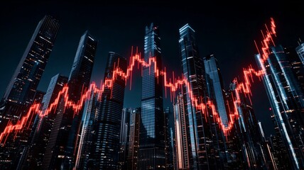Night Cityscape with Red Stock Market Graph Overlay