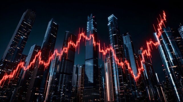 Night Cityscape with Red Stock Market Graph Overlay