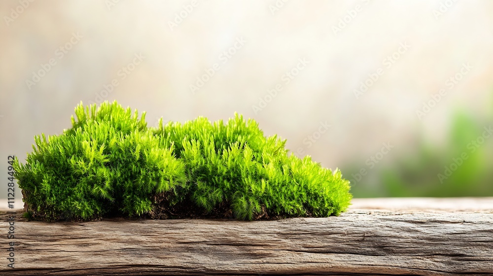 Poster Vibrant Green Moss on Rustic Timber with Soft Light Background : Generative AI
