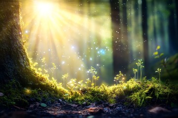 Fototapeta premium Luminous Forest Scene with Sunlight Filtering Through Trees, Sparkling Dust, and Fresh Green Plants Growing in Rich, Lush Underbrush