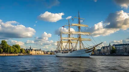 Fototapeta premium Classic Tall Ship Sailing Under Blue Skies in Scenic Urban Waterfront : Generative AI