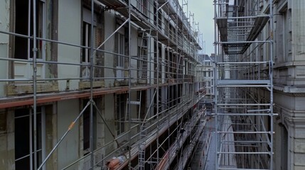 A tightly framed shot of scaffolding surrounding old buildings, suggesting urban renewal and architectural transformation.