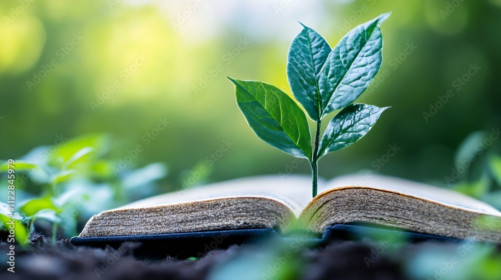 Poster Young Green Plant Emerging from Book in a Symbolic Connection Between Nature and Knowledge : Generative AI