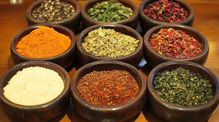 Fototapeta premium Artisan Crafted Bowls with Various Dried Spices Perfect for Gourmet Cooking and Seasoning : Generative AI